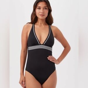 TRINA TURK Monaco Pleated Plunge One Piece  Swimsuit Black White Size 6 NWT